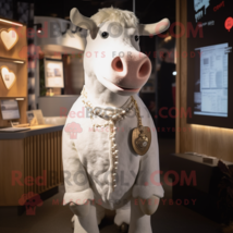 White Hereford Cow mascot costume character dressed with a Playsuit and Lapel pi - $1,289.00