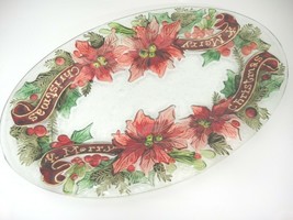 Art Glass Embossed Merry Christmas Platter Poinsettias Large 18&quot; x 12&quot; Oval - £11.09 GBP