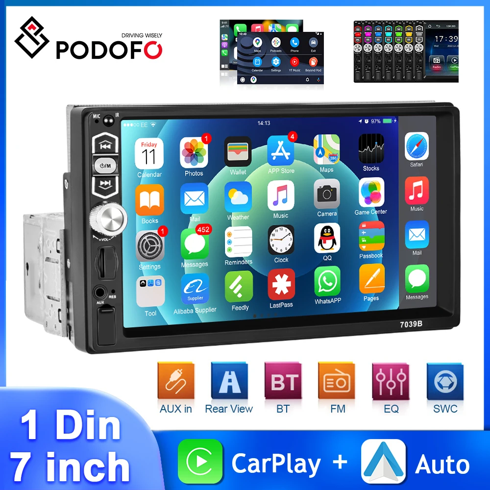 Podofo 1Din 7&#39;&#39; Car Radio Wireless/Wired Carplay Android Auto MP5 Multimedia - £55.56 GBP+