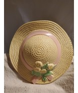 Vtg 1987 Burwood White Straw Hat with Pink Ribbon and Flowers Wall Pocke... - $24.42 CAD
