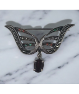 Vintage 925 Silver Ruby Marcasite Encrusted Brooch 2” Wings, Butterfly - $18.37