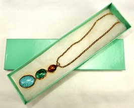 3-Stone Pendant Necklace, Turquouse/Jade/Agate, Gold Tone Frames &amp; Chain JWL 034 - £11.71 GBP