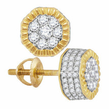 10k Yellow Gold Mens Round Diamond Fluted Hexagon Cluster Stud Earrings 5/8 Cttw - £507.94 GBP