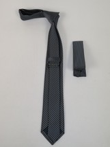 Mens Narrow Tie/Hankie Set Woven Vito Rofolo VTR-110 Black Gray Stripe image 2
