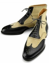 New Handmade Men Wingtip Ankle High Boots Two Tone Leather &amp; Suede Brogue Boots - £118.67 GBP+