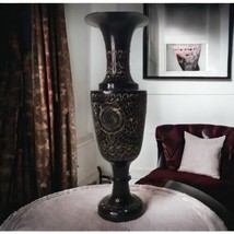 Vtg Blackened Hand Etched Large Solid Brass Vase Detailed Hand Etched 13... - $24.31