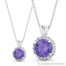 Round Cut Simulated Amethyst &amp; Cubic Zirconia CZ Halo Pendant in 14k White Gold - £50.81 GBP+