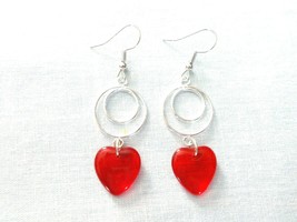 Double Silver Hoop with Red Glass Heart Hand Blown Pair of Fashion Earrings - £7.96 GBP