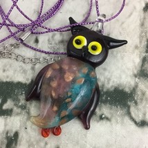 Blown Glass Owl Charm Pendant Necklace On Purple Cord Jewelry  - £8.92 GBP