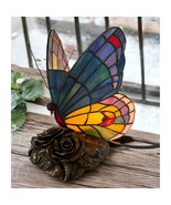 Tiffany Style Butterfly Accent Lamp Night Light Vintage Slag Glass Rose ... - £54.89 GBP