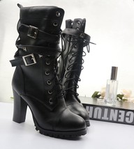 E cat women mid calf boots thick high heels round platform buckle zipper rivets lace up thumb200