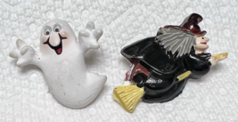 2 1980s Halloween Brooches Witch on Broomstick and Ghost Has Wiggly Eyes - $12.38