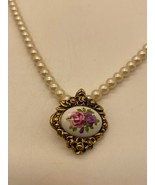 Vintage - Signed Avon - Faux Pearl Necklace - Roses Flower Pendant - 19 ... - £16.52 GBP