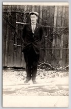 RPPC Young Man in Snow at Fence Portrait Real Photo c1910 Postcard G30 - £7.13 GBP