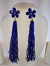 Sparkling Crystals Bollywood Fashion Forward Tassel Long Beads Blue Earring - £9.85 GBP