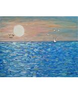 Original Ocean Sunset Seascape Sailboat Birds Painting Impressionism Mon... - $970.58 MXN