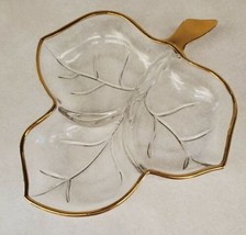 Vintage Jeanette Clear Glass Gold Rim Leaf Candy Nut Divided Dish - £17.74 GBP