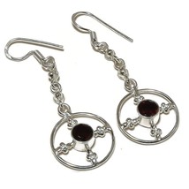 Mozambique Red Garnet Round Gemstone 925 Silver Overlay Handmade Dangle Earrings - £7.18 GBP