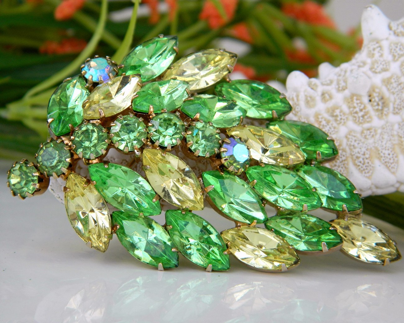 Primary image for Vintage Leaf Brooch Pin Green Yellow Marquise Rhinestones Book Piece