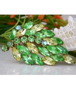 Vintage Leaf Brooch Pin Green Yellow Marquise Rhinestones Book Piece - £40.02 GBP
