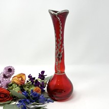 Viking Glass Ruby Red Vase Stretch Swung STERLING Overlay Vintage 10.25&quot; H - £27.81 GBP