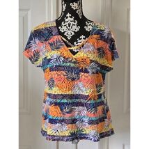 Hearts of Palm Tropical Palm Leaf Print Crochet Knit V Neck Top Womens L... - €10,27 EUR