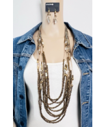 Chico&#39;s Audria Long Layered Multi Strand Brown Bead MOP Necklace Earring... - $46.13 CAD