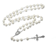 Catholic Pearl Beads Rosary Necklace Metal Beaded Miraculous - £37.24 GBP