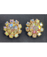 Vtg Aurora Borealis Rhinestone Glass Cluster Button Clip Earrings .75” - £7.05 GBP