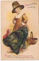 Holiday Postcard Thanksgiving Child Puritan Dress Turkey Basket  - $2.96