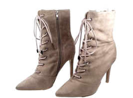 Women Size 6.5 High Heel Granny Boot Tan RUE 21 Suede Like Lace Up (FITS Size 6) - £31.59 GBP