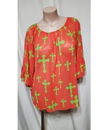 Large R. ROGUE 3/4 Orange Green Cross Sheer Shirt Western Rodeo Bell Sle... - £8.67 GBP