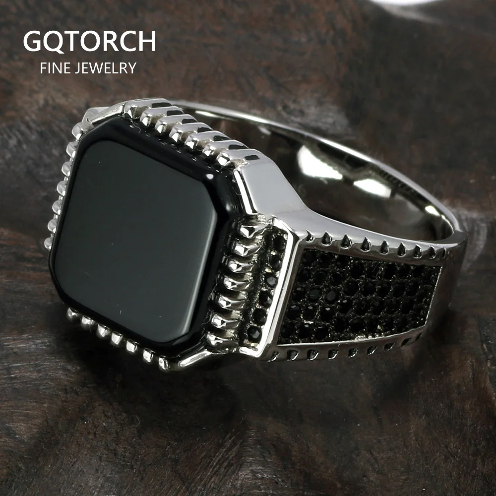Id 925 sterling silver turkish rings for men black rings with stone square natural onyx thumb200