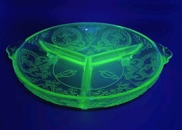 Indiana Glass Co. Green Uranium Glass 3 Footed Divided Serving Dish - Ha... - $28.04