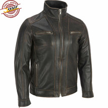 Men&#39;s Genuine Black Neck Stand Collar Real Biker Motorcycle Leather Jacket - £87.14 GBP