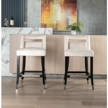 Suede Velvet Barstool With Nailheads Dining Room Chair 2 Pcs Set - Cream - £232.58 GBP