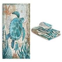 Vintage Ocean Turtle Bathroom Towels Set Of 3 Sea Shells Starfish Bath Hand Towe - £43.94 GBP