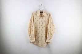 Vintage 70s Streetwear Mens 16 33 Geometric Flower Collared Button Shirt Beige - £47.44 GBP