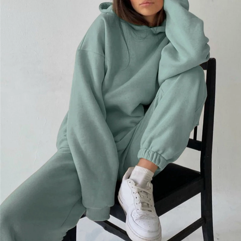 House Home Women Fleece Two Piece Sets Elegant Solid Color Oversized Warm Hoodie - £31.35 GBP