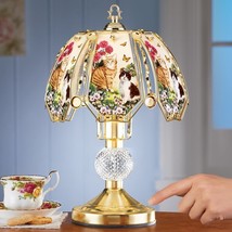 3-Way Touch Table Lamp Cats Kittens in Garden Scene Glass Gold Base Home Decor - £43.08 GBP