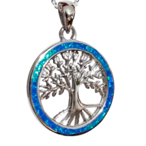 Collier pendentif opale bleu arbre de vie chaîne et boîte - £39.75 GBP