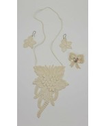 Vtg Antique Handmade White Linen Floral Necklace Earrings &amp; Lapel Pin Lo... - £19.10 GBP