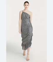 Cinq A Sept Christel OneShoulder BlackWhite Silk Midi Dress Ruched Ruffle 2 NWOT - £136.79 GBP