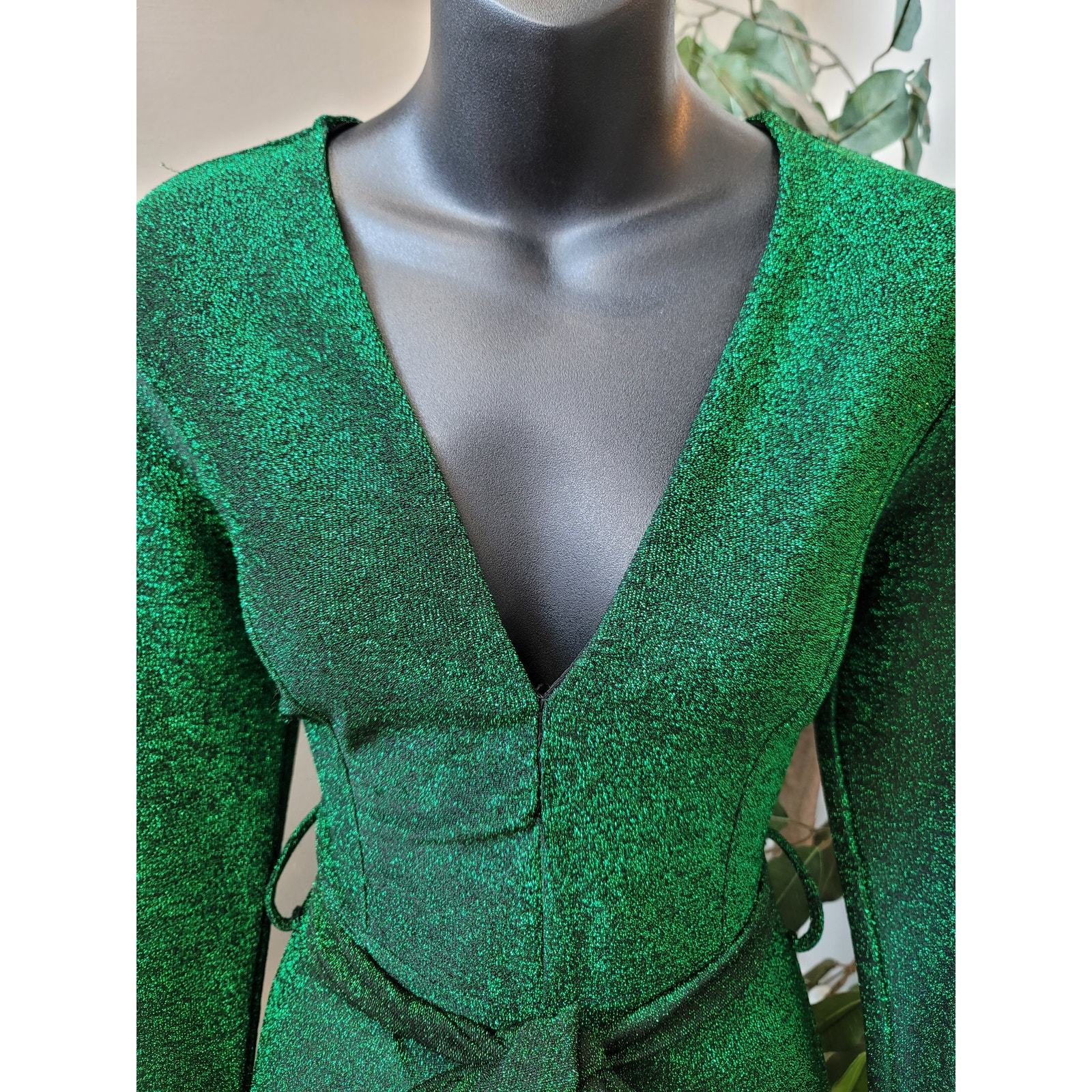 Women's Jumpsuit Small Green Metallic Glitter Long Sleeves V Neck Belted Item image 6