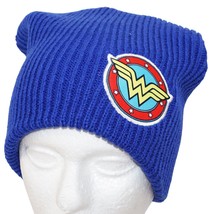 Vintage Wonder Woman DC Comics Logo Floppy Beanie Cap - Blue Knit Toque Hat 2017 - £7.96 GBP