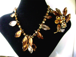  Exquisite Vintage Molded Glass Necklace Brooch Jonquil Rhinestone Leaf Flower  - £79.12 GBP