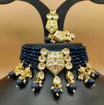 Bollywood Indian Gold Plated Jewelry Kundan Blue Choker Necklace Earrings Set - £44.33 GBP