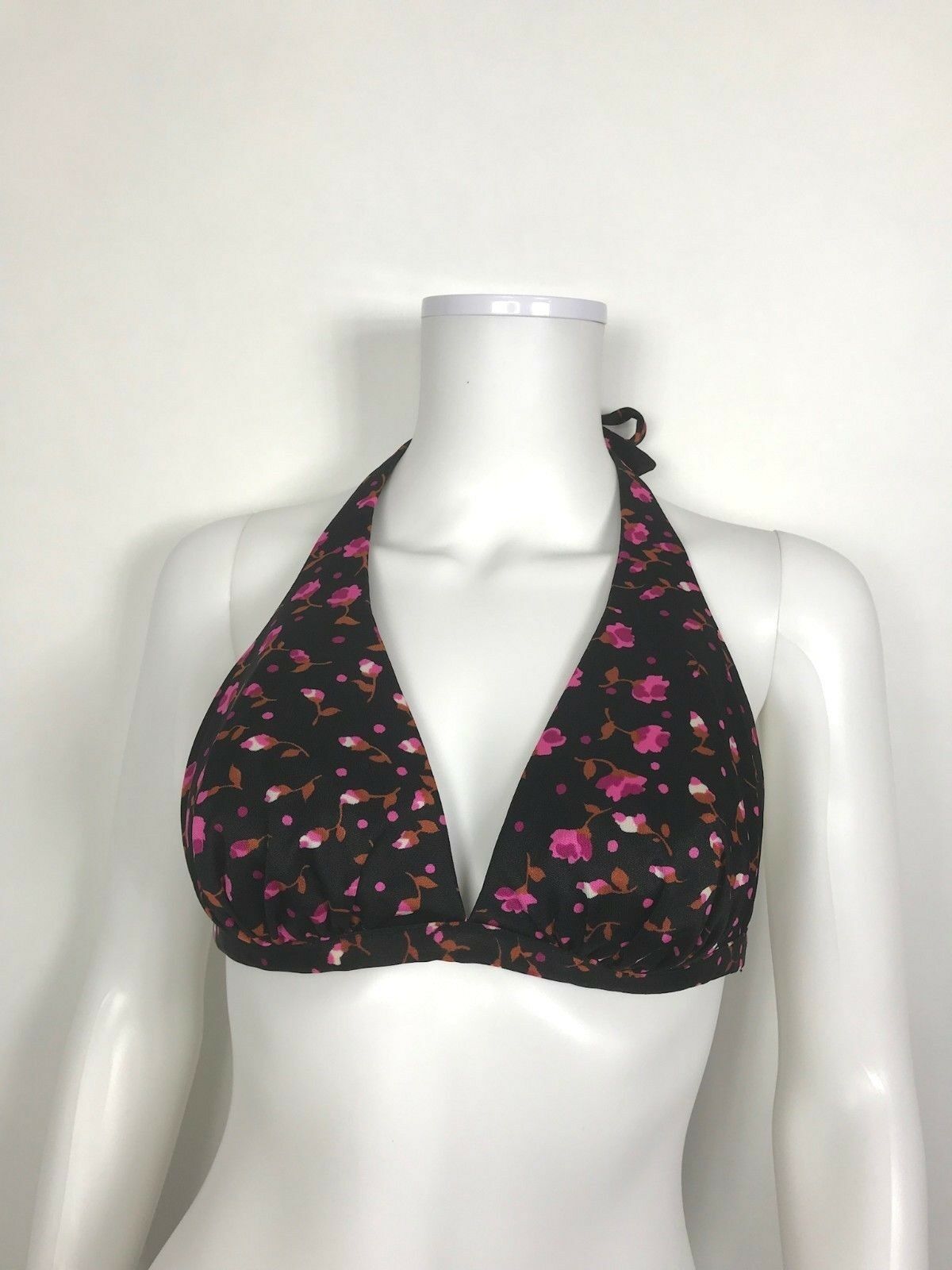 Primary image for Vintage 1970s  Pinup Bikini Top by High Tide size 11/12 Black Pink Floral Print