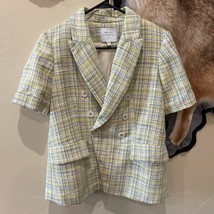 Maison d&#39;Amelie Paris Tweed Buttons Short Sleeve Blazer Jacket Yellow Multi Med - £25.68 GBP