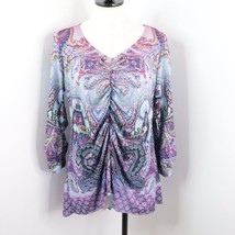One World Women&#39;s L Colorful Paisley Lightweight Stretch Ruched Tunic Blouse Top - £11.99 GBP